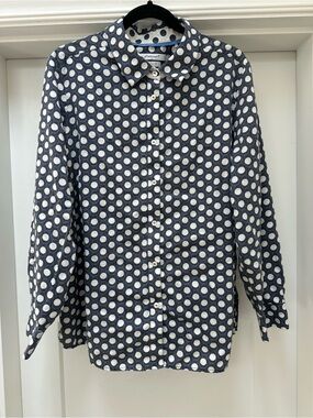 Foxcroft Navy and White Polka Dot Button-Down Shirt